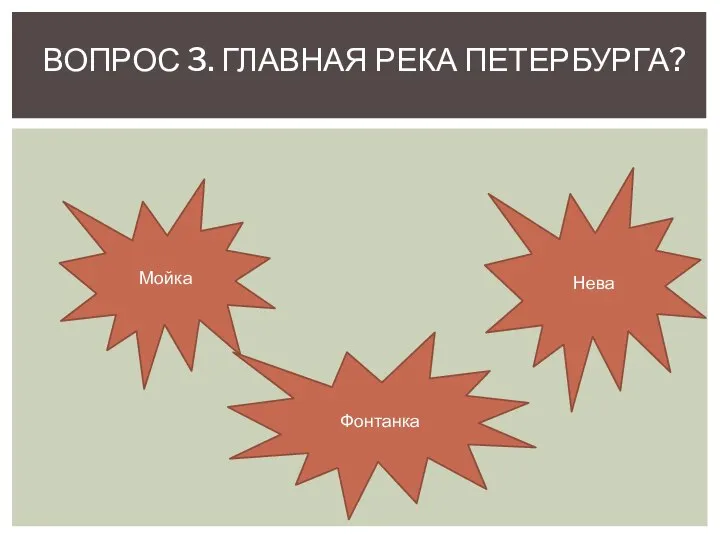 ВОПРОС 3. ГЛАВНАЯ РЕКА ПЕТЕРБУРГА? Мойка Нева Фонтанка