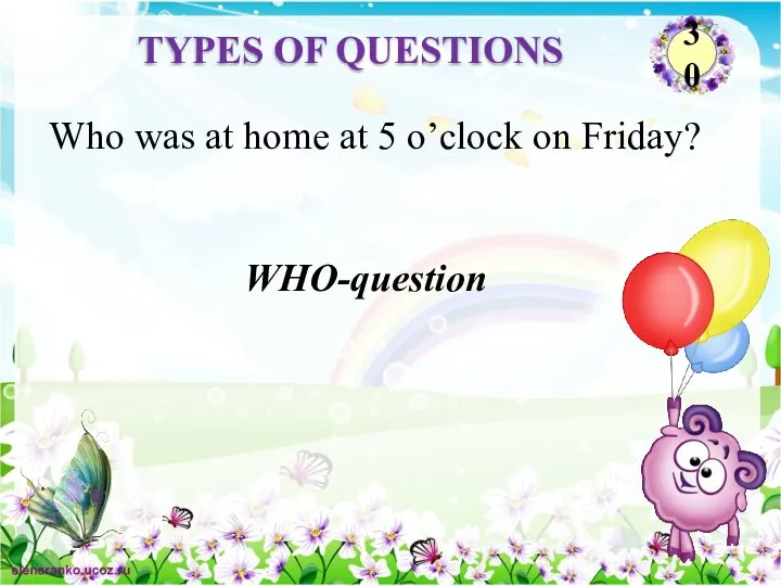 WHO-question Who was at home at 5 o’clock on Friday? TYPES OF QUESTIONS 30