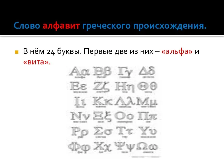 Слово алфавит греческого происхождения. В нём 24 буквы. Первые две из них – «альфа» и «вита».