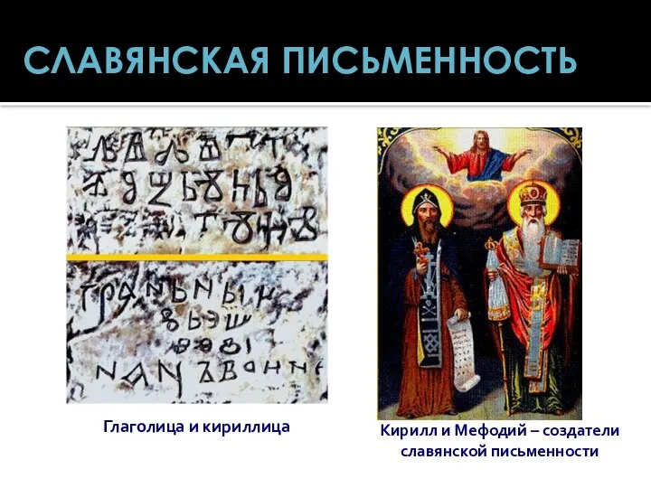 СЛАВЯНСКАЯ ПИСЬМЕННОСТЬ Глаголица и кириллица Кирилл и Мефодий – создатели славянской письменности