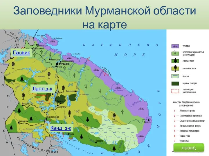 Заповедники Мурманской области на карте назад Канд. з-к Лапл.з-к Пасвик