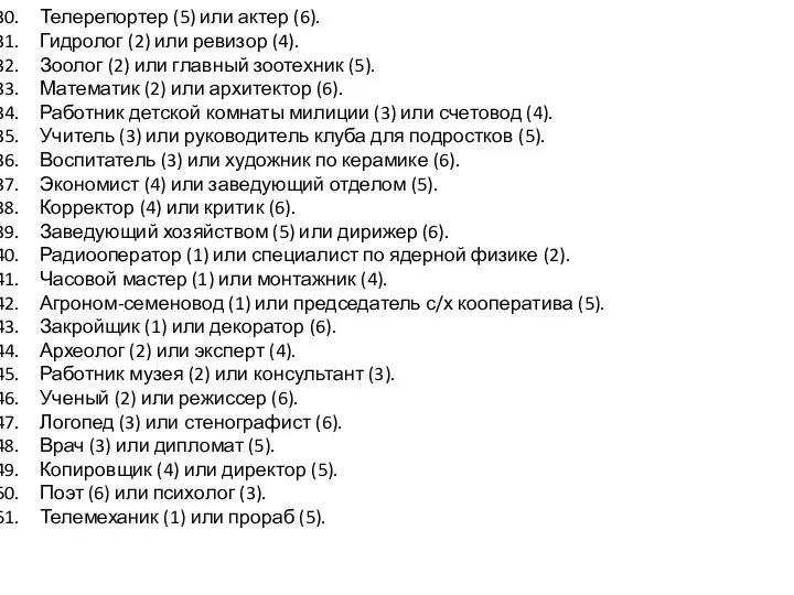 Телерепортер (5) или актер (6). Гидролог (2) или ревизор (4). Зоолог (2)