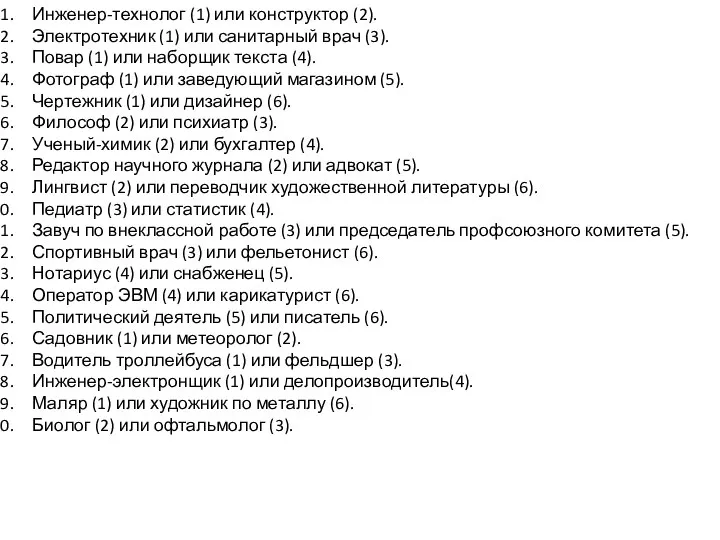 Инженер-технолог (1) или конструктор (2). Электротехник (1) или санитарный врач (3). Повар