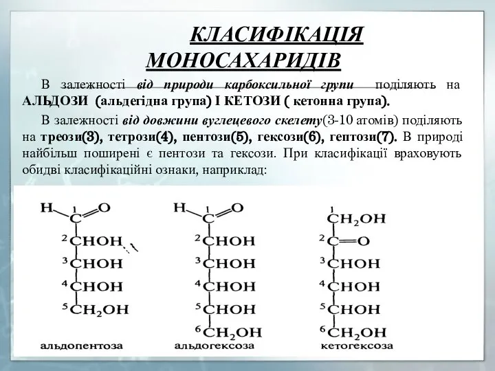 КЛАСИФІКАЦІЯ МОНОСАХАРИДІВ В залежності від природи карбоксильної групи поділяють на АЛЬДОЗИ (альдегідна