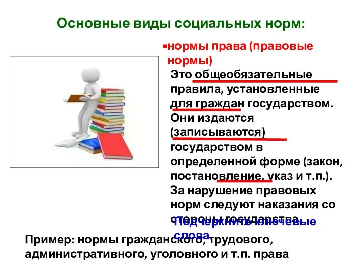 нормы права (правовые нормы) Основные виды социальных норм: Это общеобязательные правила, установленные