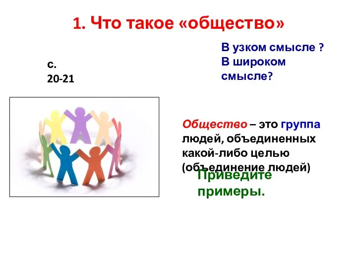 1. Что такое «общество» с. 20-21 В узком смысле ? В широком