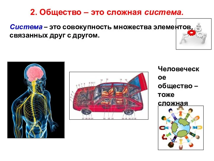 Система – это совокупность множества элементов, связанных друг с другом. 2. Общество