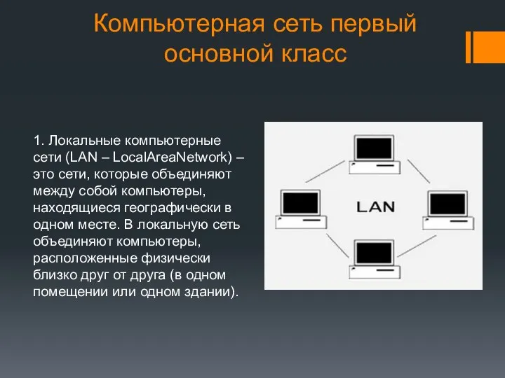 Компьютерная сеть первый основной класс 1. Локальные компьютерные сети (LAN – LocalAreaNetwork)