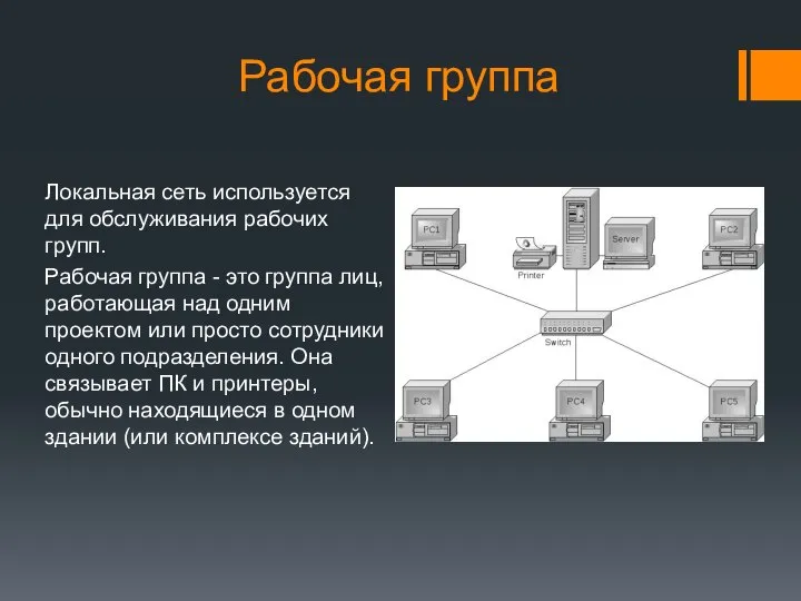 Рабочая группа Локальная сеть используется для обслуживания рабочих групп. Рабочая группа -