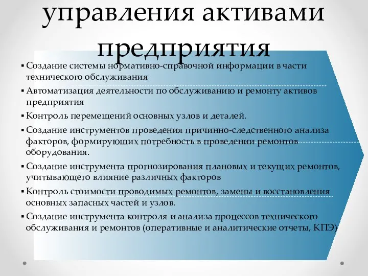 Задачи системы управления активами предприятия Создание системы нормативно-справочной информации в части технического