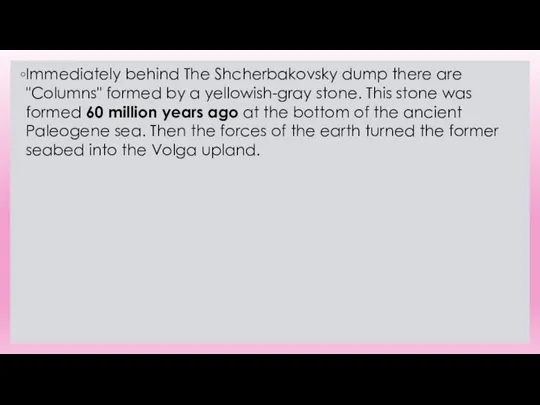 Immediately behind The Shcherbakovsky dump there are "Columns" formed by a yellowish-gray