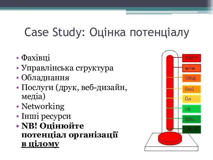 Case Study: Оцінка потенціалу Фахівці Управлінська структура Обладнання Послуги (друк, веб-дизайн, медіа)