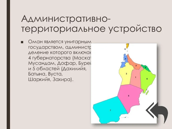 Административно-территориальное устройство Оман является унитарным государством, административное деление которого включает в себя