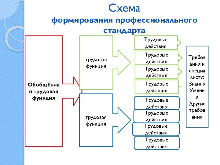 Схема формирования профессионального стандарта Обобщённая трудовая функция трудовая функция трудовая функция Трудовые