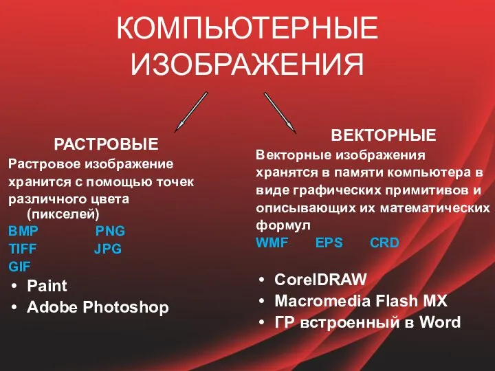 РАСТРОВЫЕ Растровое изображение хранится с помощью точек различного цвета (пикселей) BMP PNG