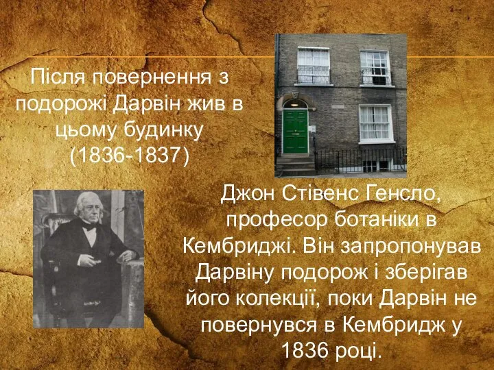 Після повернення з подорожі Дарвін жив ​​в цьому будинку (1836-1837) Джон Стівенс