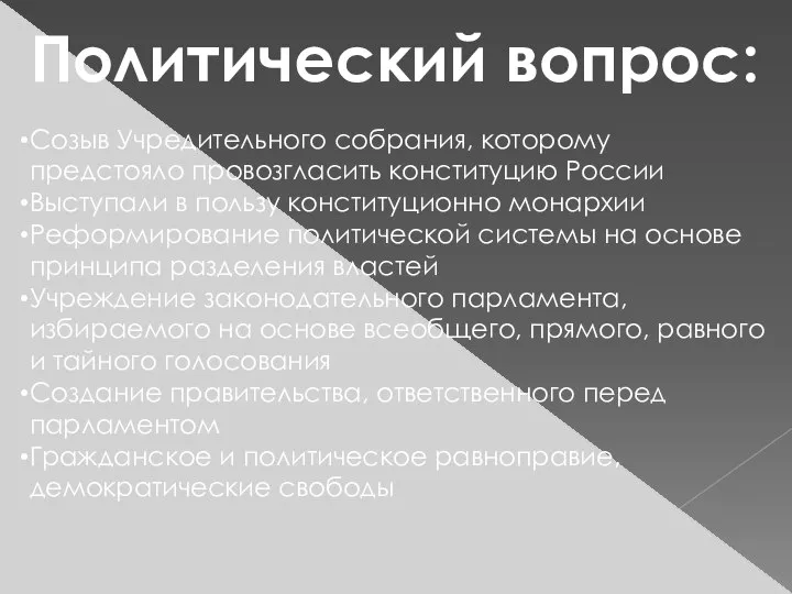 Политический вопрос: Созыв Учредительного собрания, которому предстояло провозгласить конституцию России Выступали в