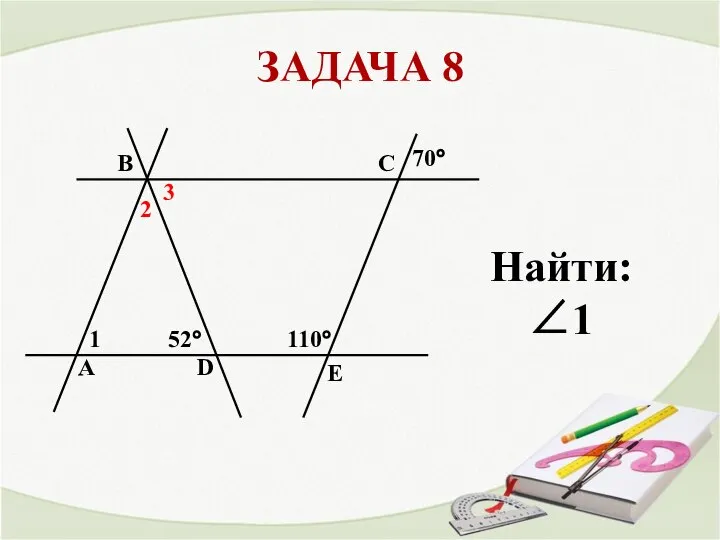 ЗАДАЧА 8 52° 110° 70° 1 2 3 A B C D E Найти: ∠1