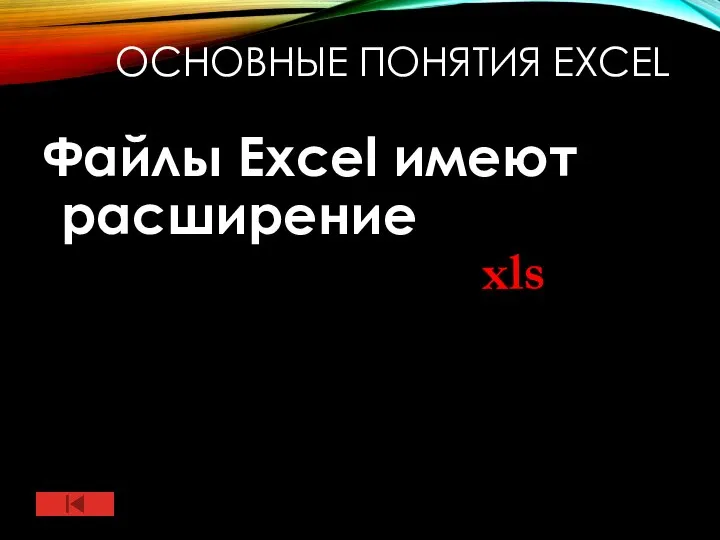 ОСНОВНЫЕ ПОНЯТИЯ EXCEL Файлы Excel имеют расширение xls