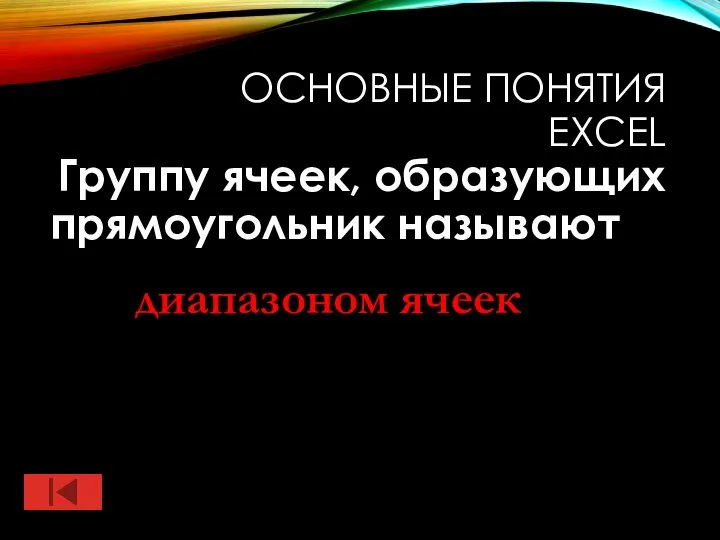 ОСНОВНЫЕ ПОНЯТИЯ EXCEL Группу ячеек, образующих прямоугольник называют диапазоном ячеек