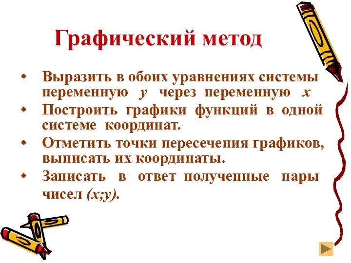 Графический метод Выразить в обоих уравнениях системы переменную у через переменную х