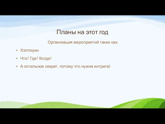 Планы на этот год Организация мероприятий таких как: Хэллоуин Что? Где? Когда?