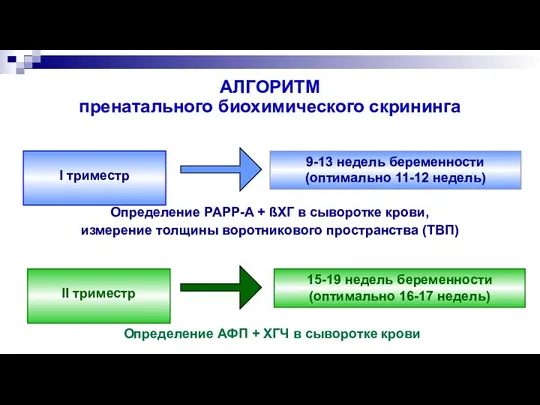 I триместр 9-13 недель беременности (оптимально 11-12 недель) II триместр 15-19 недель