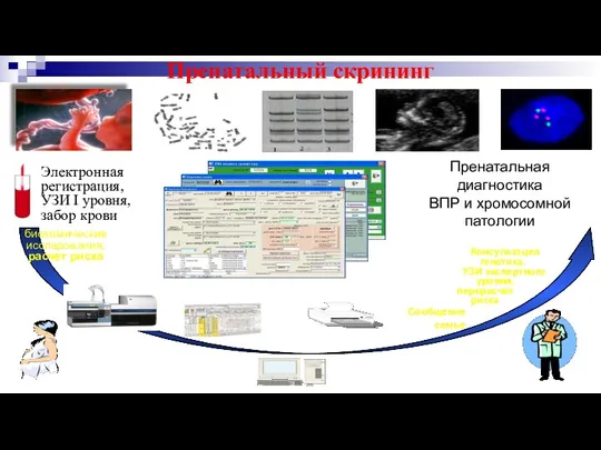 Пренатальный скрининг Консультация генетика, УЗИ экспертного уровня, перерасчет риска биохимические исследования, расчет