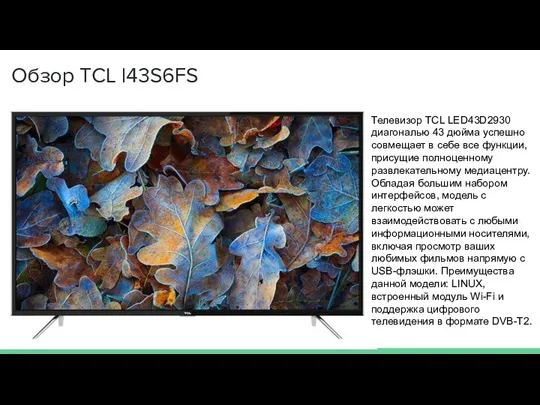 Обзор TCL l43S6FS Телевизор TCL LED43D2930 диагональю 43 дюйма успешно совмещает в