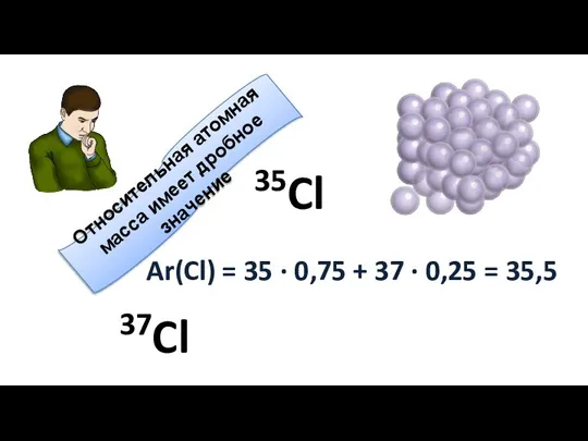 Относительная атомная масса имеет дробное значение Ar(Cl) = 35 ∙ 0,75 +