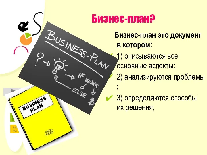 Бизнес-план? Бизнес-план это документ в котором: 1) описываются все основные аспекты; 2)
