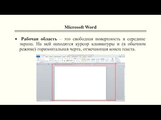 Microsoft Word Рабочая область – это свободная поверхность в середине экрана. На