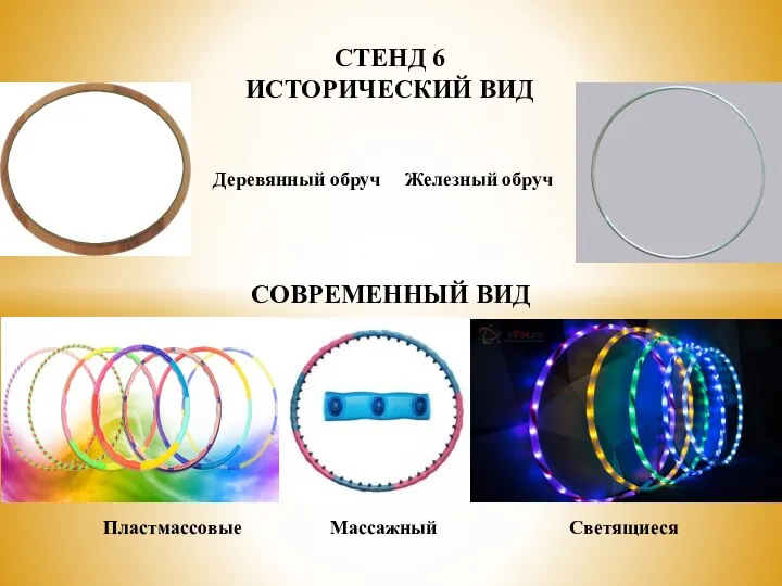 СТЕНД 6 ИСТОРИЧЕСКИЙ ВИД Деревянный обруч Железный обруч СОВРЕМЕННЫЙ ВИД Пластмассовые Массажный Светящиеся