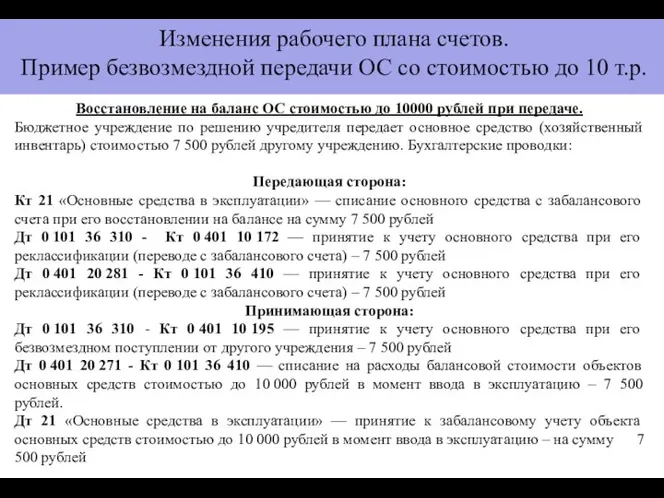 Восстановление на баланс ОС стоимостью до 10000 рублей при передаче. Бюджетное учреждение