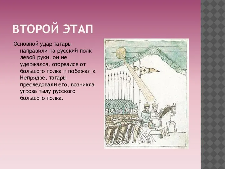 ВТОРОЙ ЭТАП Основной удар татары направили на русский полк левой руки, он