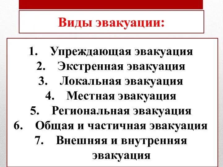 Виды эвакуации: Упреждающая эвакуация Экстренная эвакуация Локальная эвакуация Местная эвакуация Региональная эвакуация