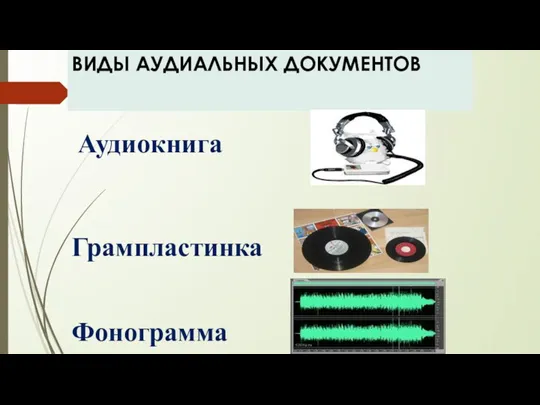 ВИДЫ АУДИАЛЬНЫХ ДОКУМЕНТОВ Аудиокнига Грампластинка Фонограмма