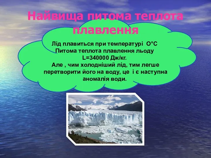 Найвища питома теплота плавлення Лід плавиться при температурі О°C Питома теплота плавлення