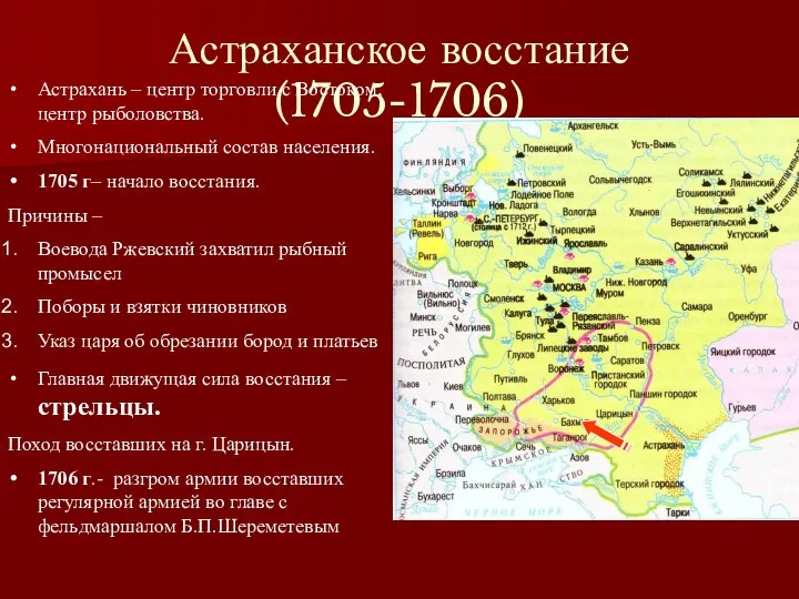 Астраханское восстание (1705-1706) Астрахань – центр торговли с Востоком, центр рыболовства. Многонациональный