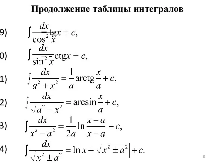 Продолжение таблицы интегралов = tgx + c, = - ctgx + c,