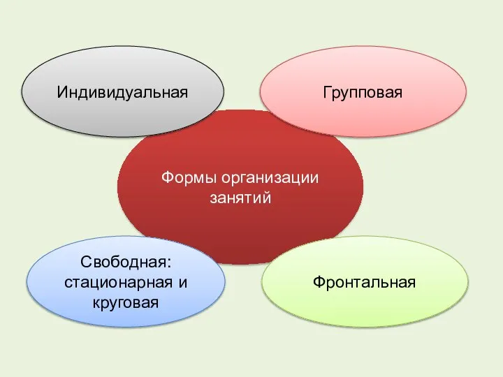 Формы организации занятий Свободная: стационарная и круговая Фронтальная Групповая Индивидуальная