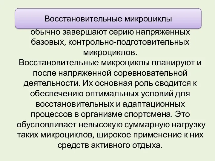 обычно завершают серию напряженных базовых, контрольно-подготовительных микроциклов. Восстановительные микроциклы планируют и после