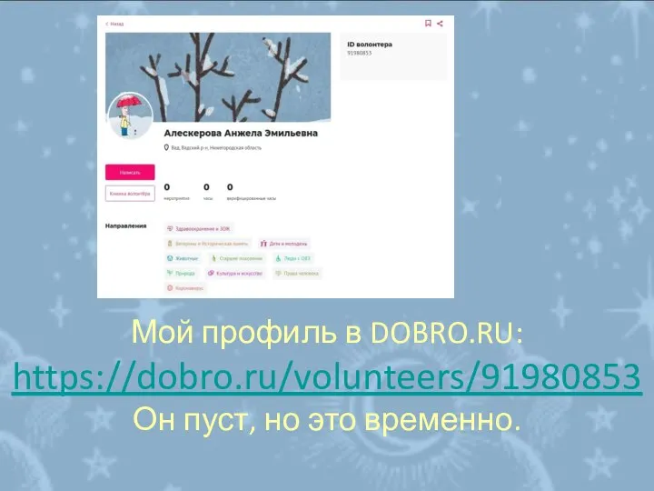 Мой профиль в DOBRO.RU: https://dobro.ru/volunteers/91980853 Он пуст, но это временно.