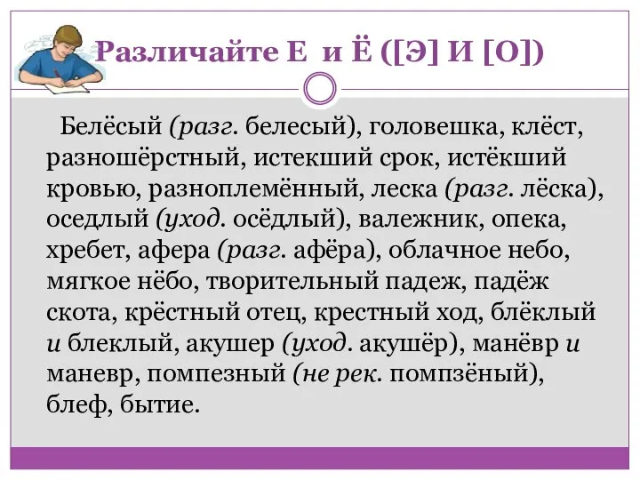 Различайте Е и Ё ([Э] И [О]) Белёсый (разг. белесый), головешка, клёст,