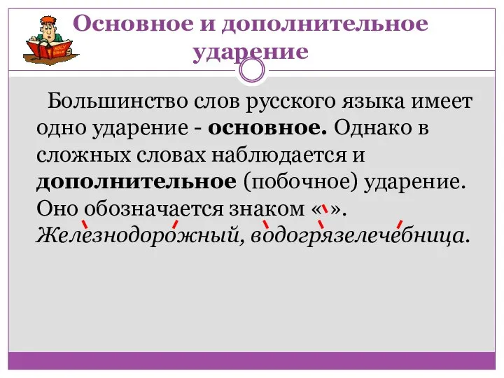 Основное и дополнительное ударение Большинство слов русского языка имеет одно ударение -