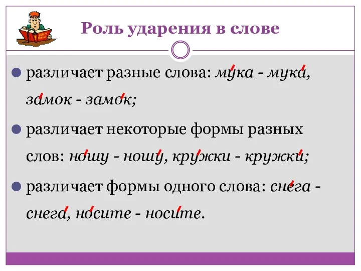 Роль ударения в слове различает разные слова: мука - мука, замок -