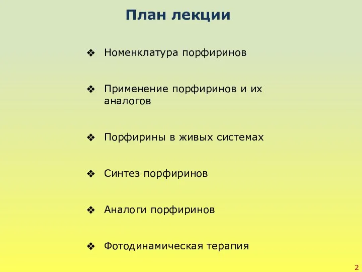 Номенклатура порфиринов Применение порфиринов и их аналогов Порфирины в живых системах Синтез