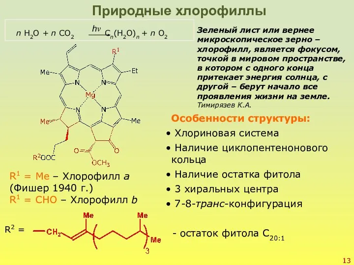 Природные хлорофиллы R1 = Me – Хлорофилл а (Фишер 1940 г.) R1