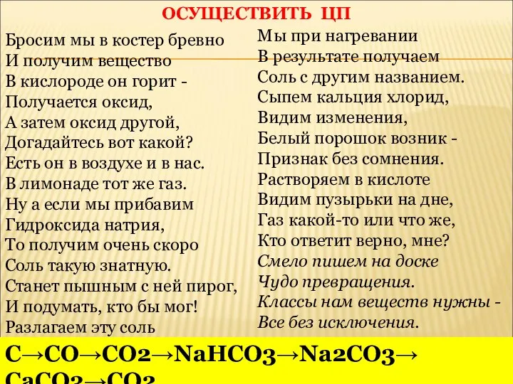 ОСУЩЕСТВИТЬ ЦП Бросим мы в костер бревно И получим вещество В кислороде