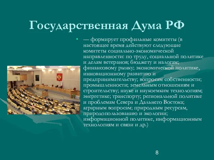 Государственная Дума РФ — формирует профильные комитеты (в настоящее время действуют следующие